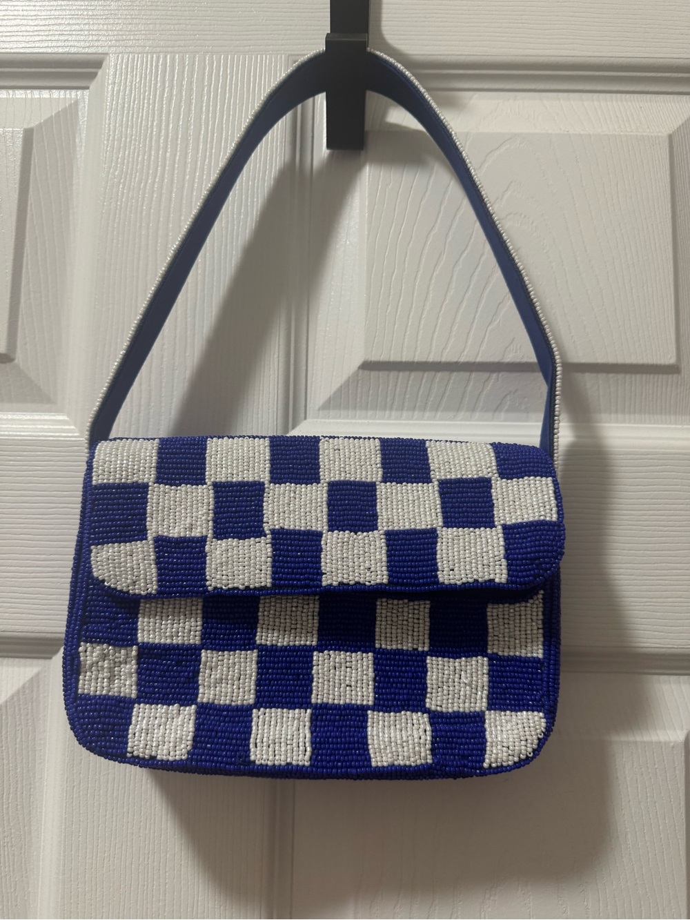 Blue and White Checkered Beaded Shoulder Bag